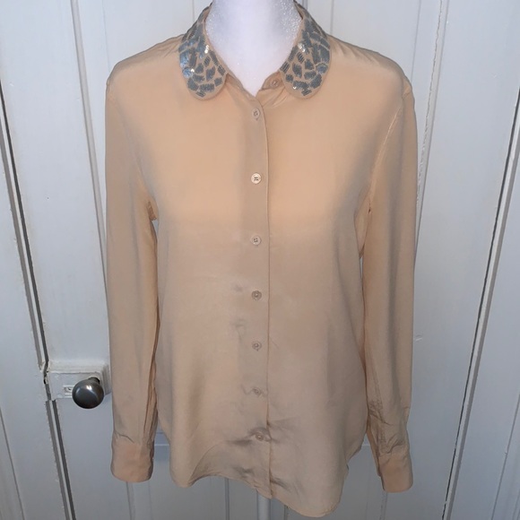 Equipment Tops - EQUIPMENT PEACH SILK BLOUSE WITH SEQUIN EMBELLISHED COLLAR